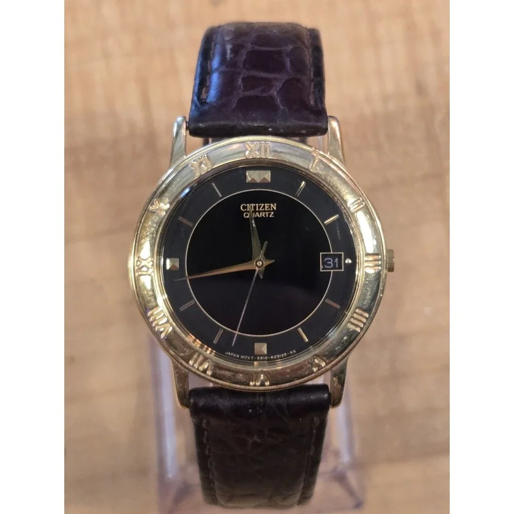 Citizen Men's Watch 33mm Black Dial Gold Tone 5510-K06860 Leather New Battery